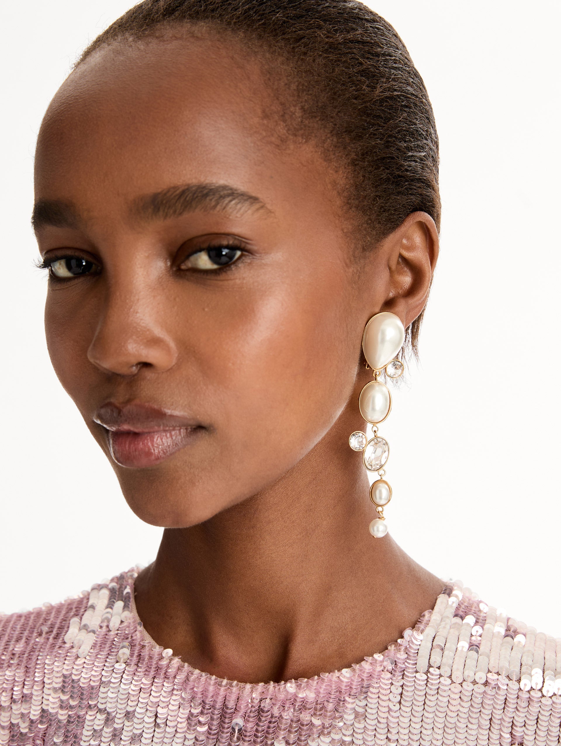 Oscar de la Renta Pearls & Rhinestones Drop Clip-On Earrings