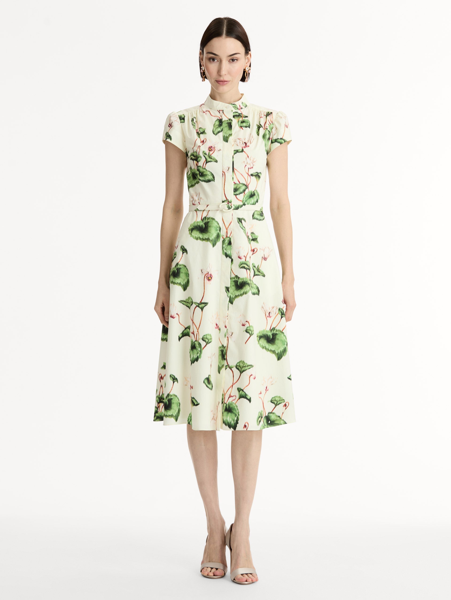 Oscar de la Renta Chiné Cyclamen Cotton Poplin Cap Sleeve Dress