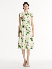 Oscar de la Renta Chiné Cyclamen Cotton Poplin Cap Sleeve Dress