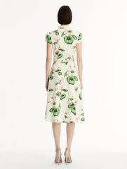 Oscar de la Renta Chiné Cyclamen Cotton Poplin Cap Sleeve Dress
