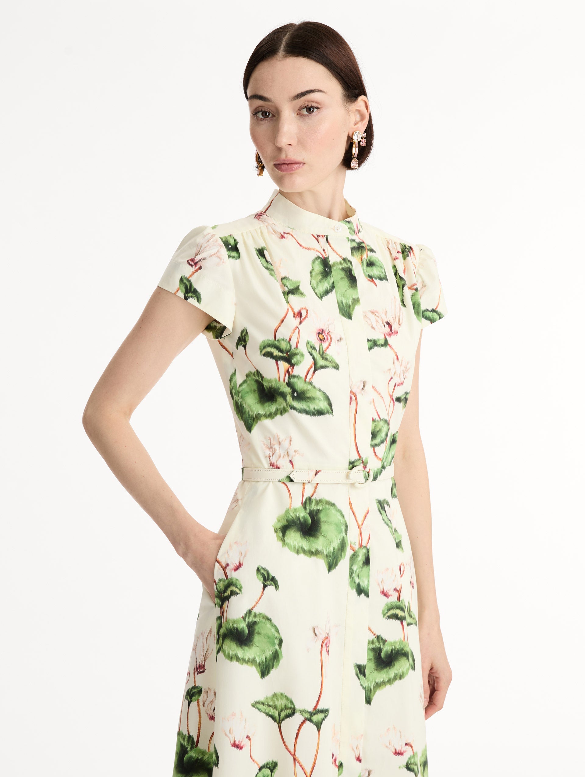 Oscar de la Renta Chiné Cyclamen Cotton Poplin Cap Sleeve Dress
