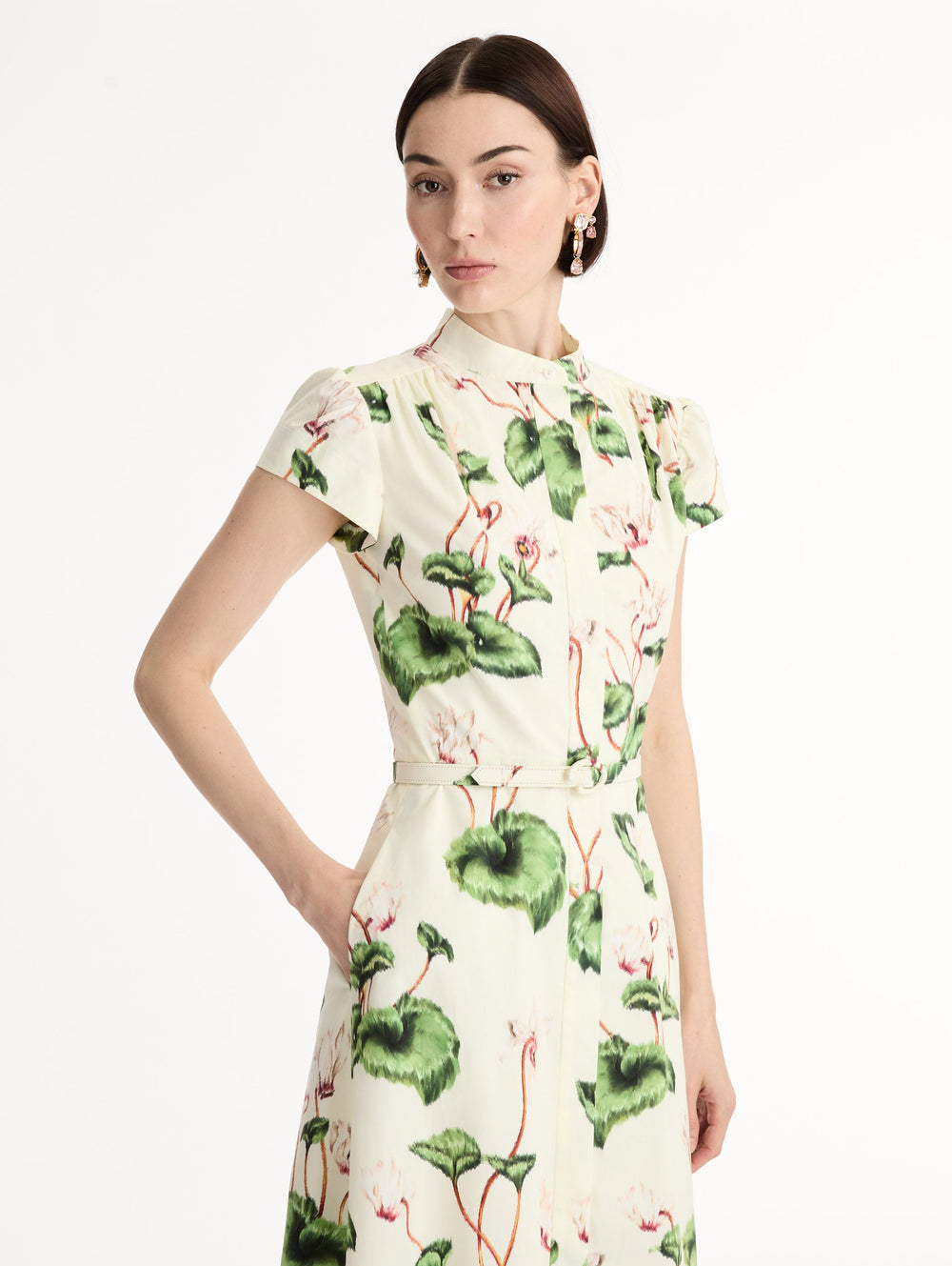 Oscar de la Renta Chiné Cyclamen Cotton Poplin Cap Sleeve Dress