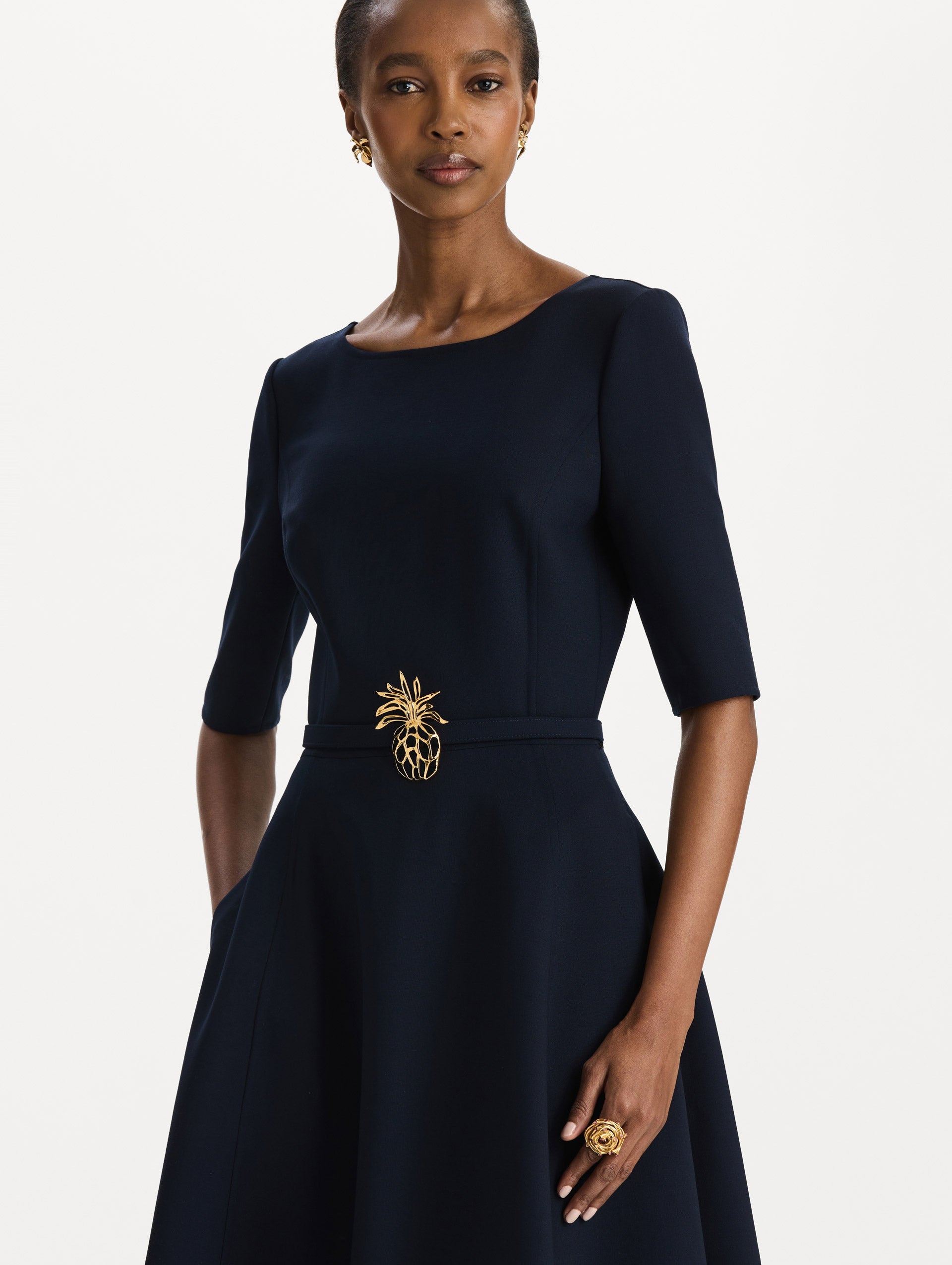 Oscar de la Renta Pineapple Belt Wool Dress