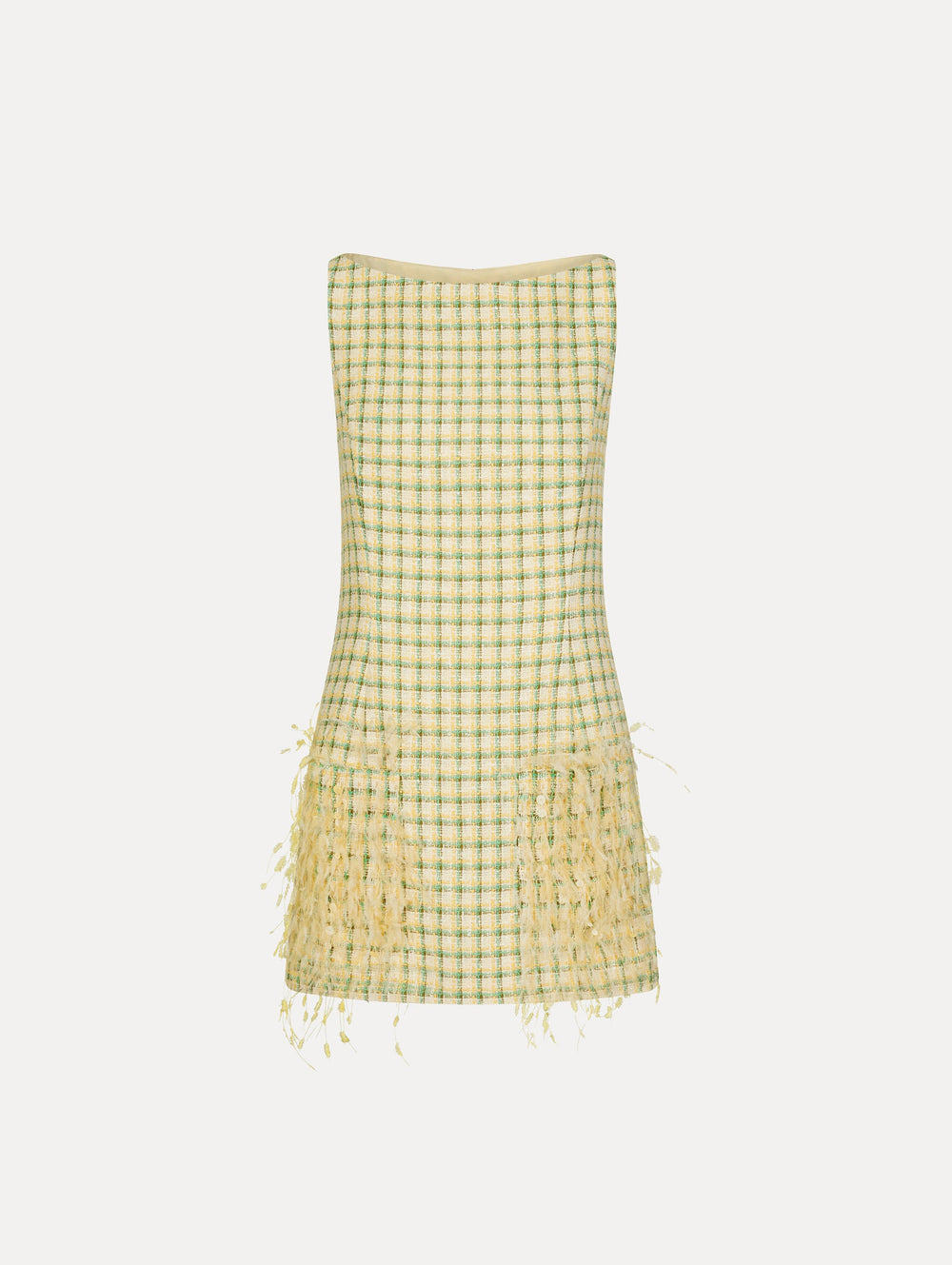 Oscar de la Renta Point d’Esprit Feather Embroidered Checked Tweed Dress
