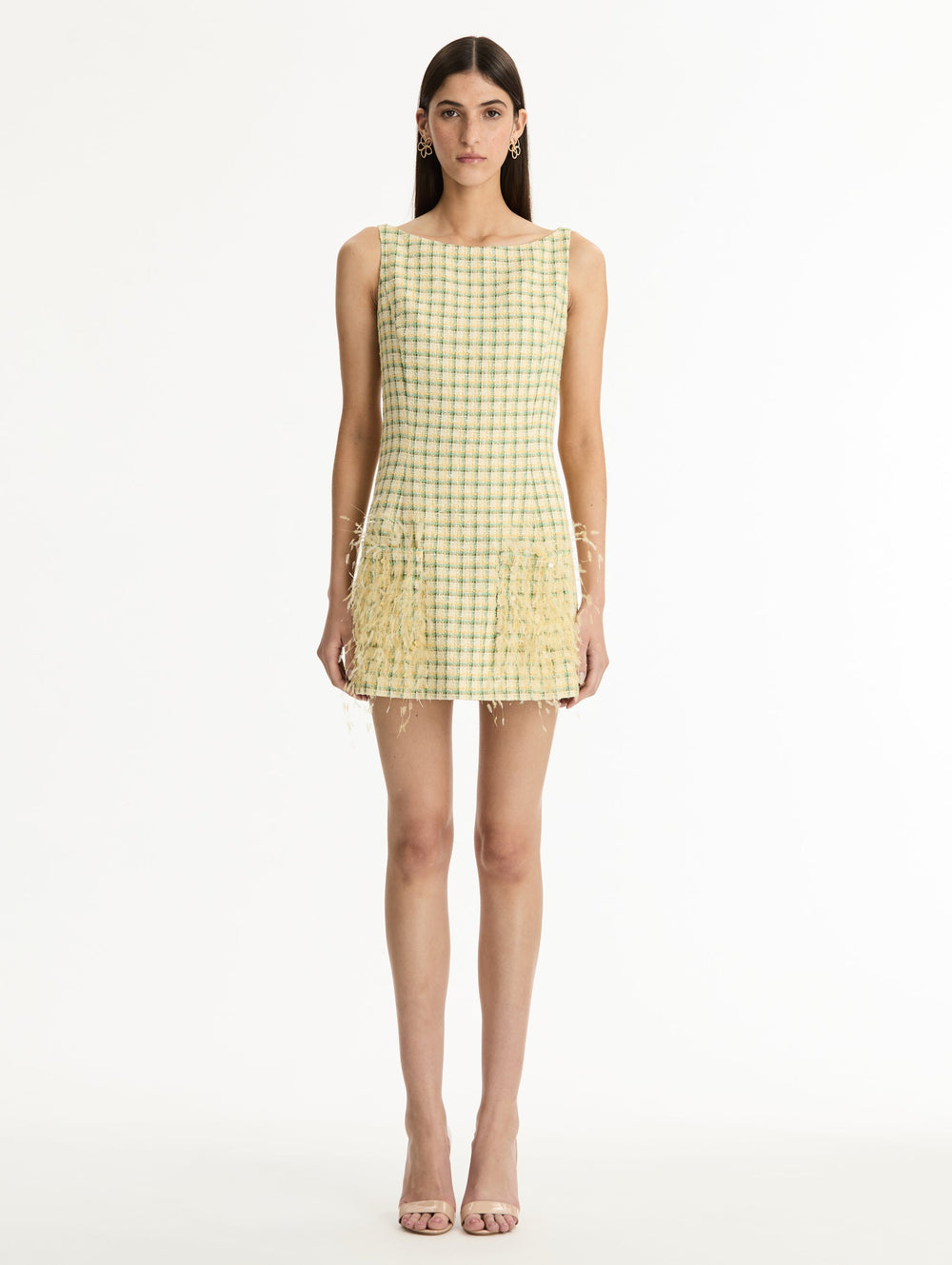 Oscar de la Renta Point d’Esprit Feather Embroidered Checked Tweed Dress