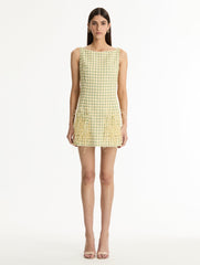 Oscar de la Renta Point d’Esprit Feather Embroidered Checked Tweed Dress