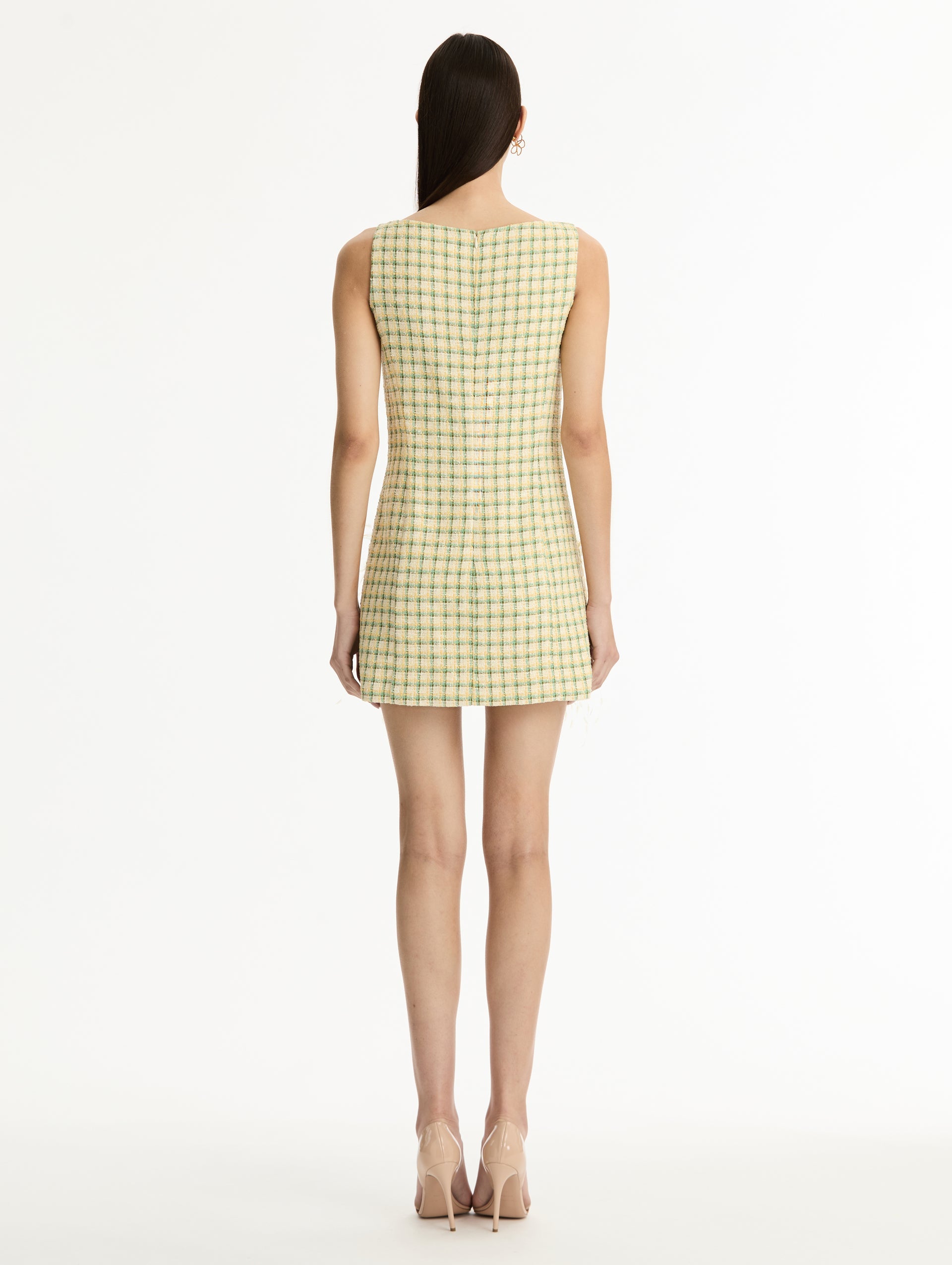 Oscar de la Renta Point d’Esprit Feather Embroidered Checked Tweed Dress