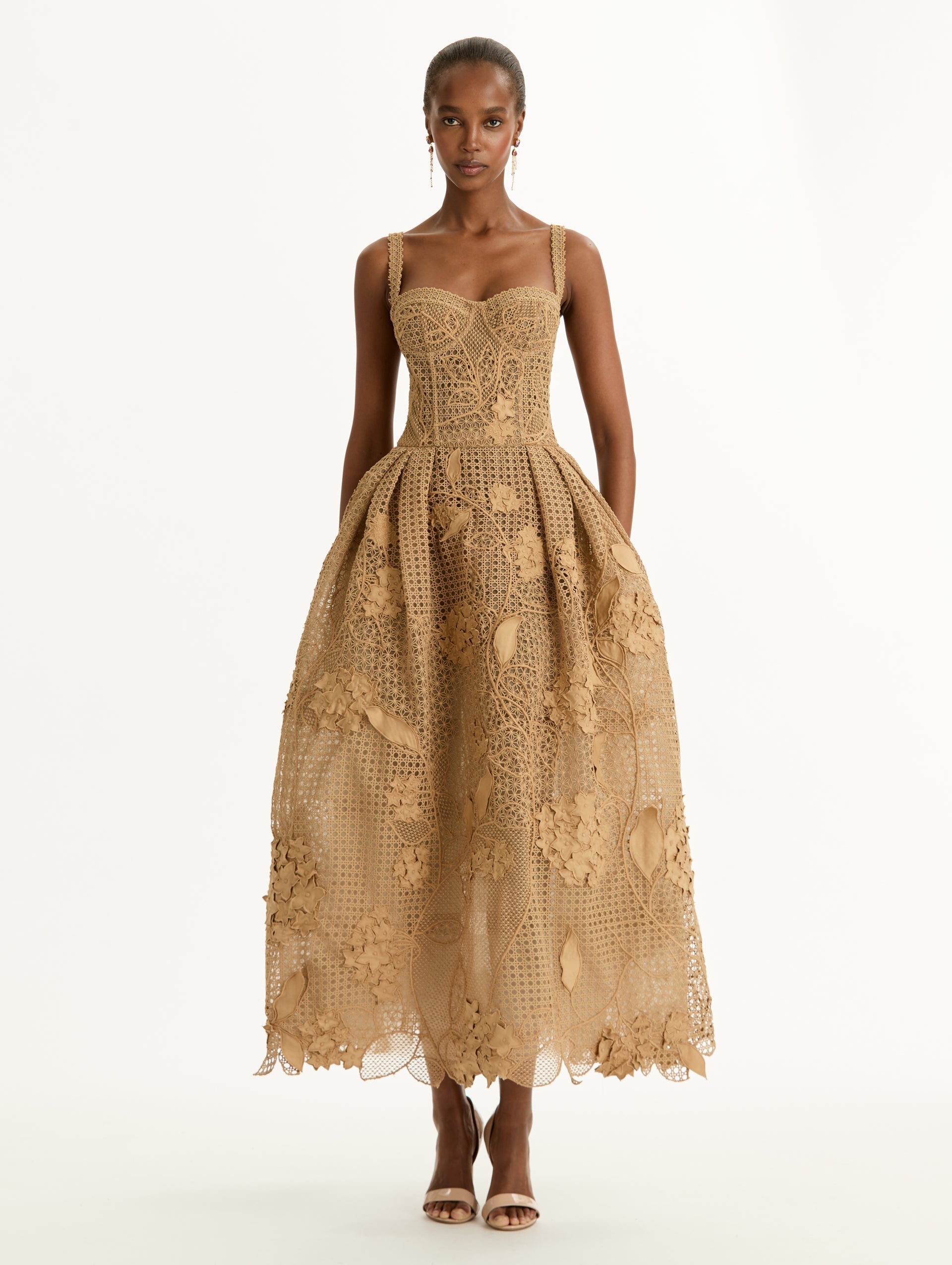 Oscar de la Renta Porcelain Flower Guipure Lattice Cocktail Dress