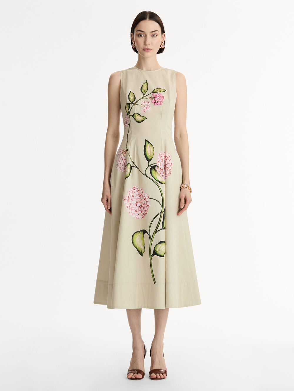 Oscar de la Renta Porcelain Flower Cotton Poplin Sleeveless Dress