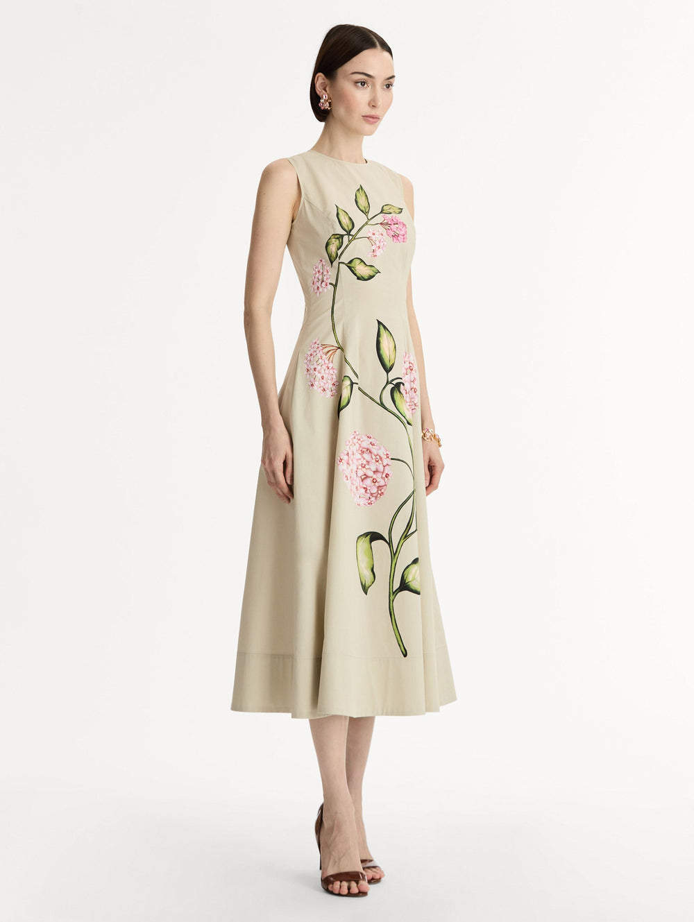 Oscar de la Renta Porcelain Flower Cotton Poplin Sleeveless Dress
