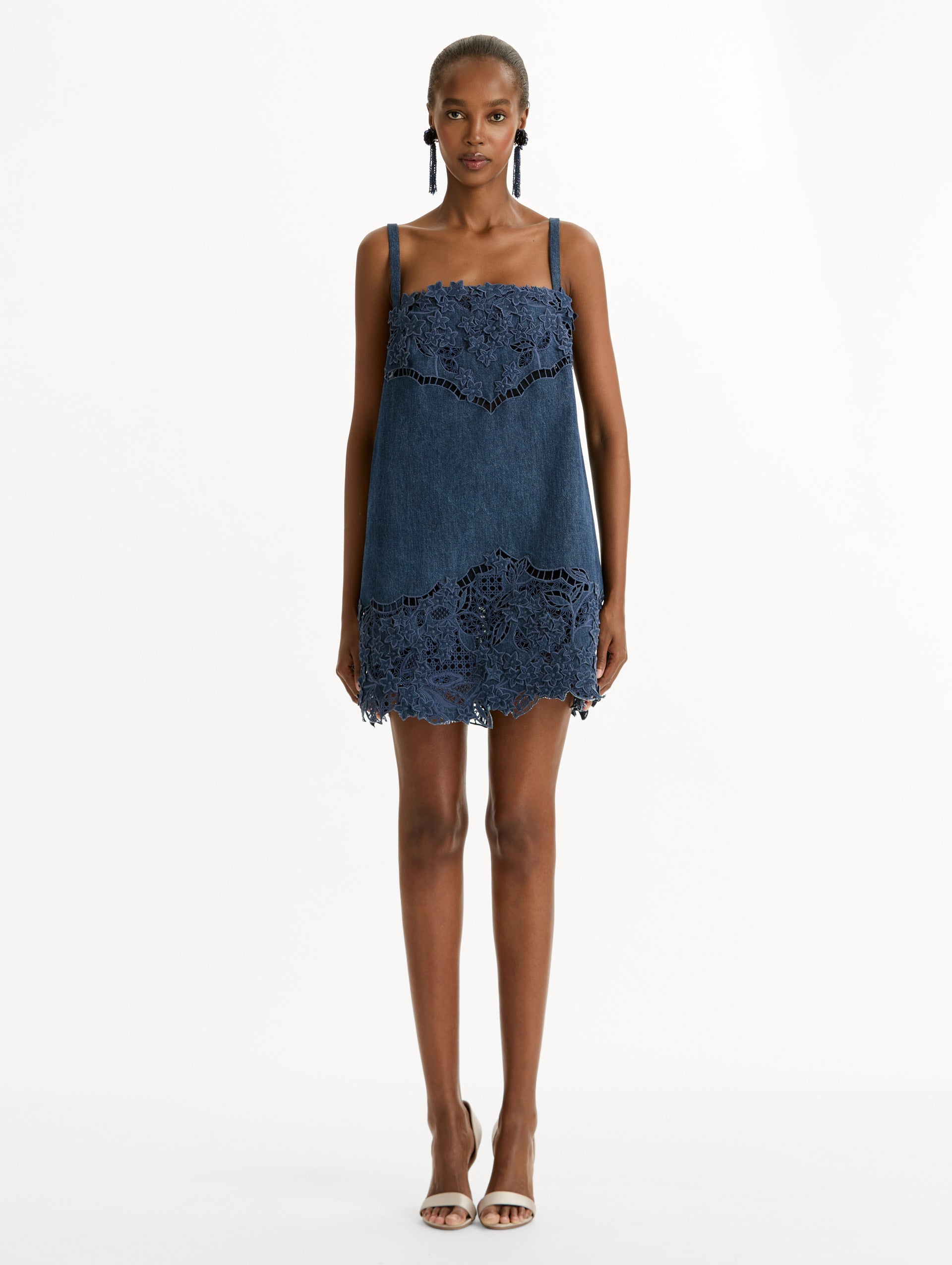 Oscar de la Renta Porcelain Flower Cutout Denim Dress