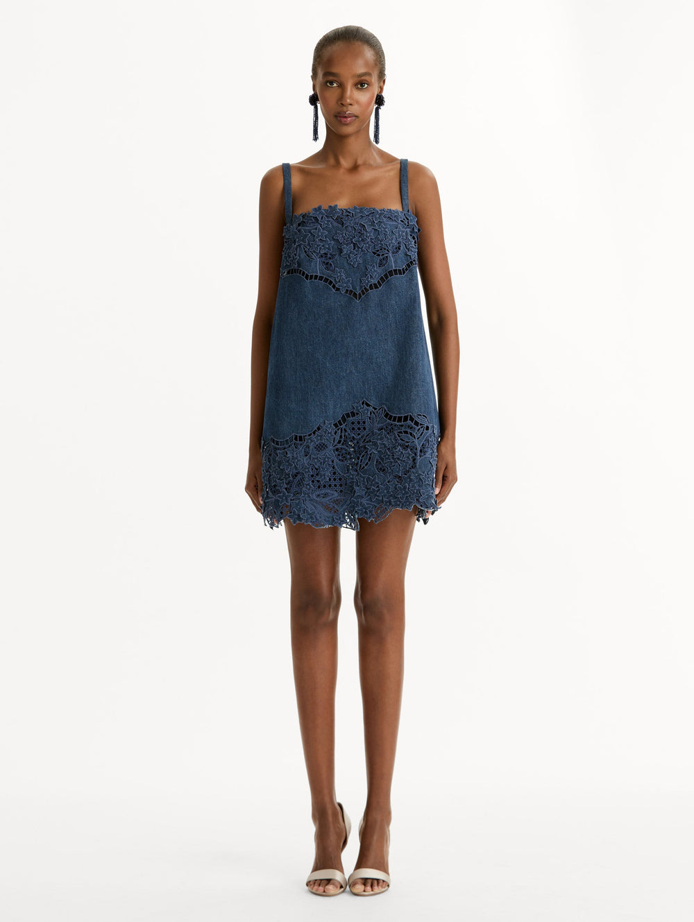 Oscar de la Renta Porcelain Flower Cutout Denim Dress