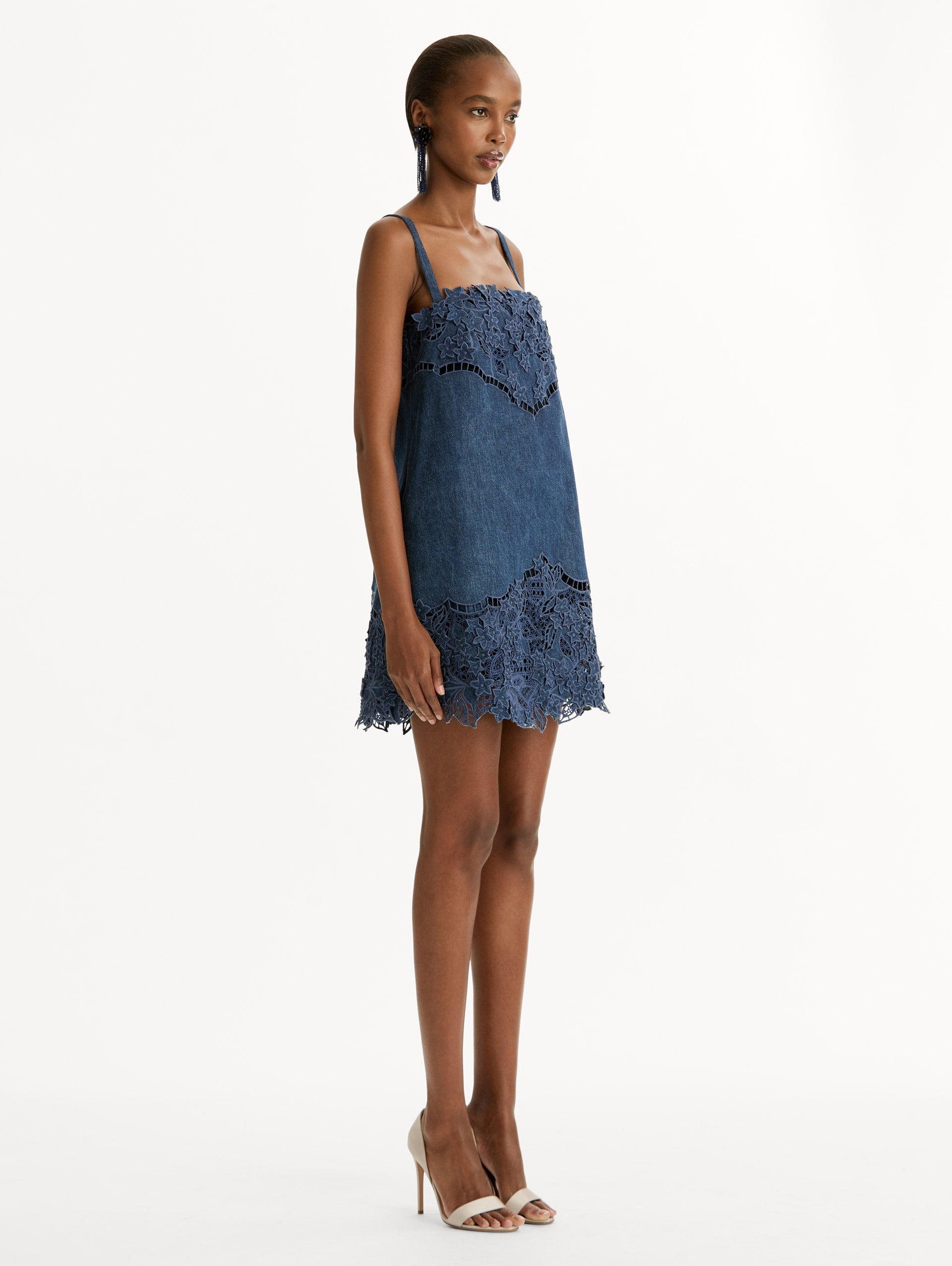 Oscar de la Renta Porcelain Flower Cutout Denim Dress