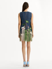Oscar de la Renta Chiné Cyclamen Threadwork Fringe Shift Dress