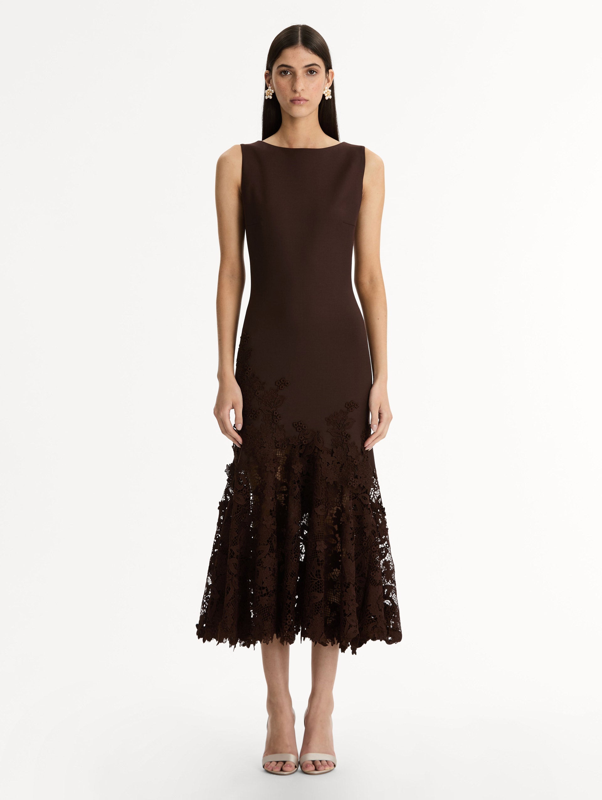 Oscar de la Renta Porcelain Flower Guipure Trumpet Dress