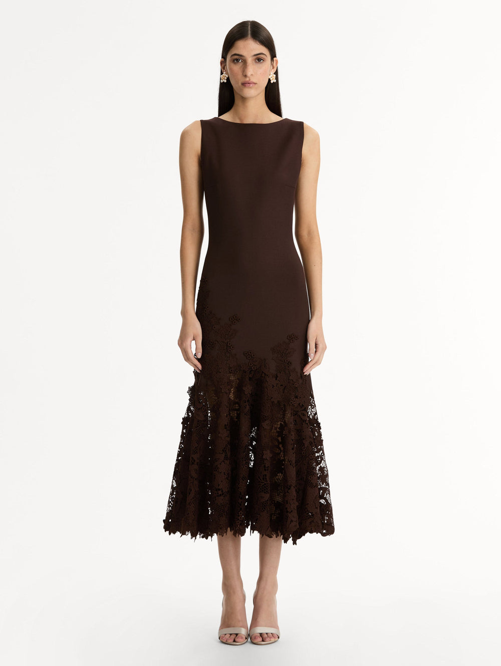 Oscar de la Renta Porcelain Flower Guipure Trumpet Dress