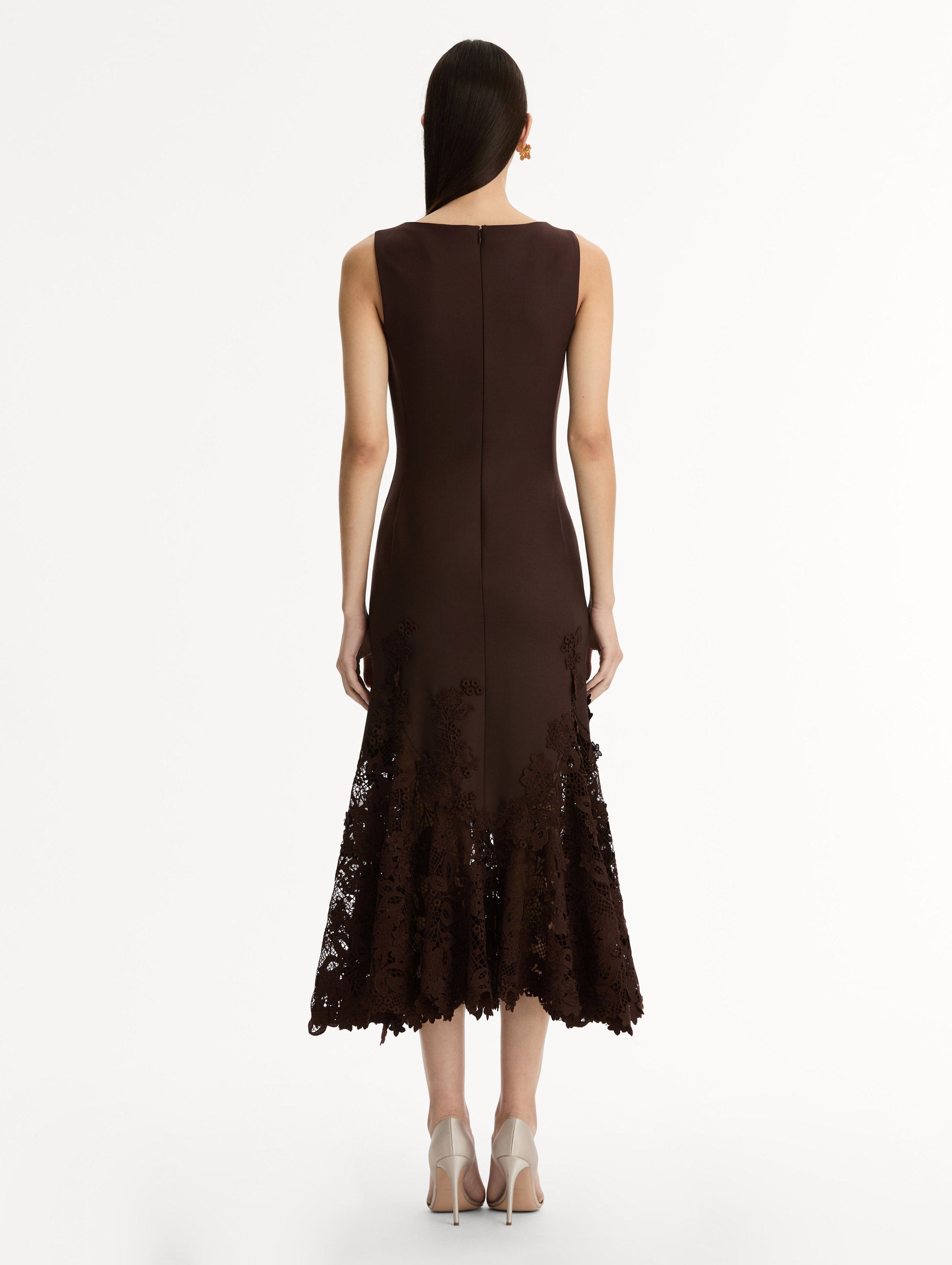 Oscar de la Renta Porcelain Flower Guipure Trumpet Dress