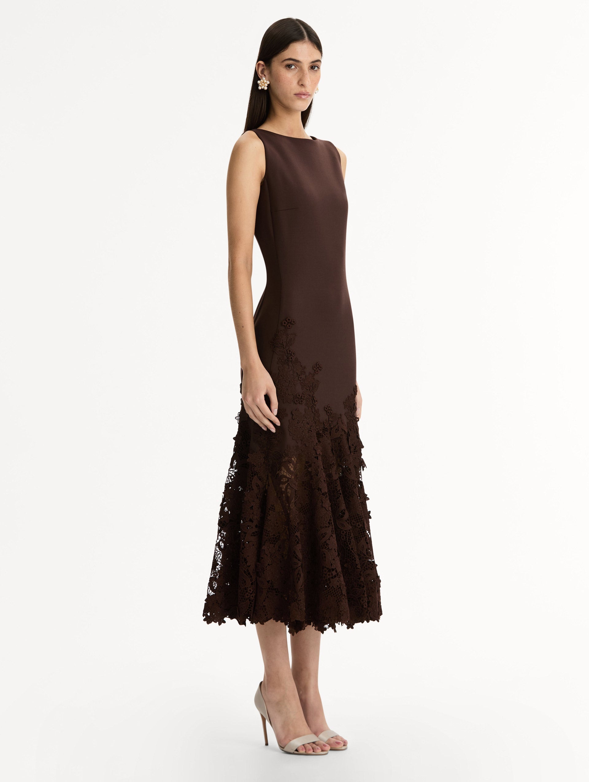 Oscar de la Renta Porcelain Flower Guipure Trumpet Dress