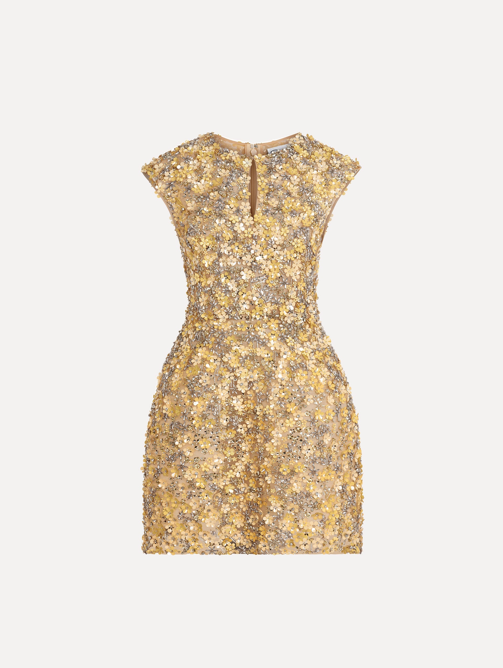 Oscar de la Renta Porcelain Flower Embroidered Cap-Sleeve Dress