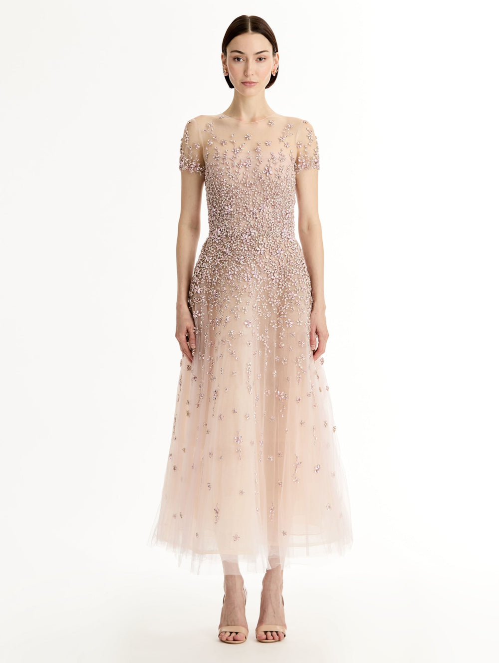 Oscar de la Renta Porcelain Flower Crystal Embroidered Dress