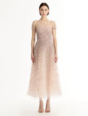 Oscar de la Renta Porcelain Flower Crystal Embroidered Dress