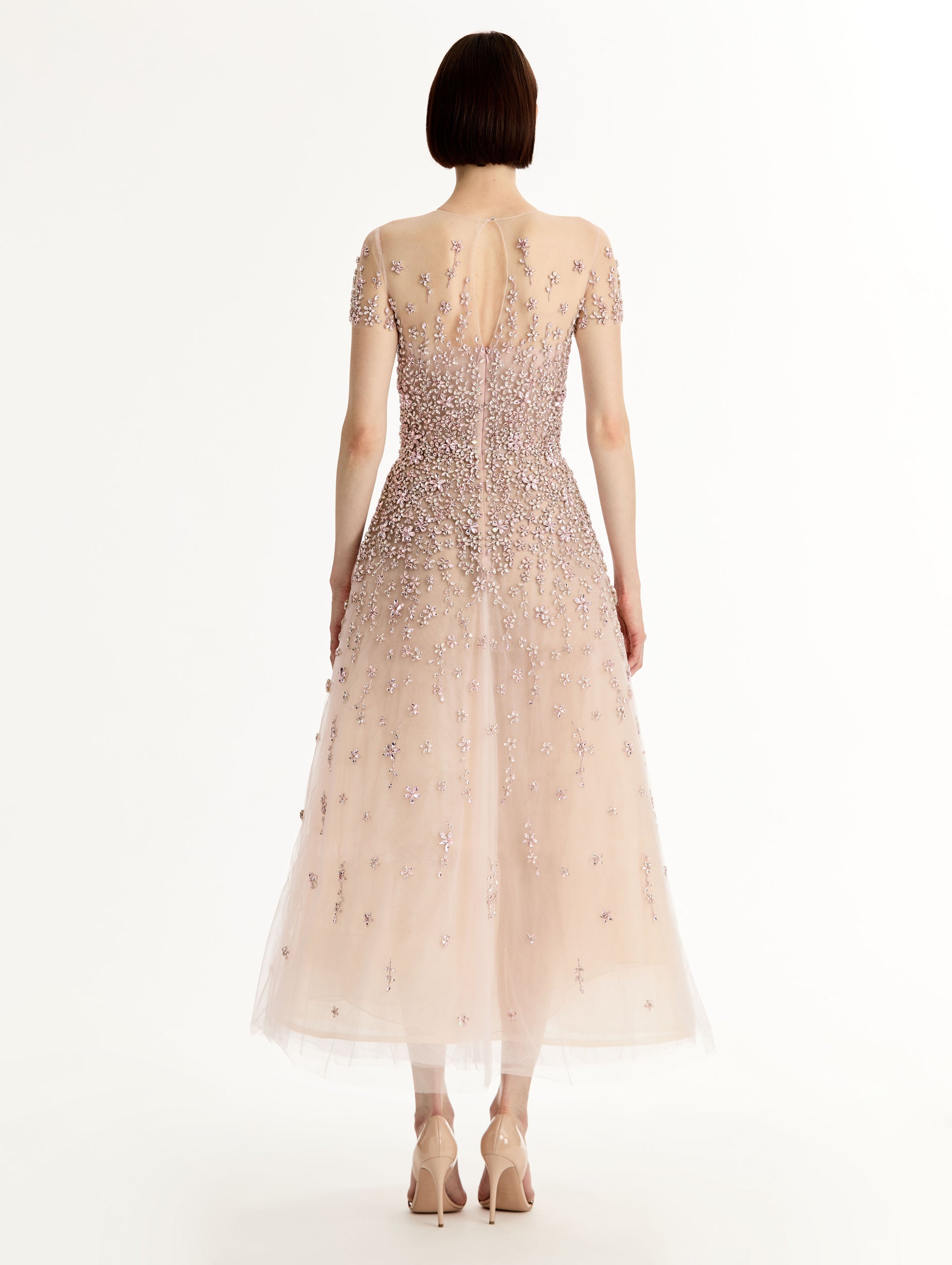 Oscar de la Renta Porcelain Flower Crystal Embroidered Dress