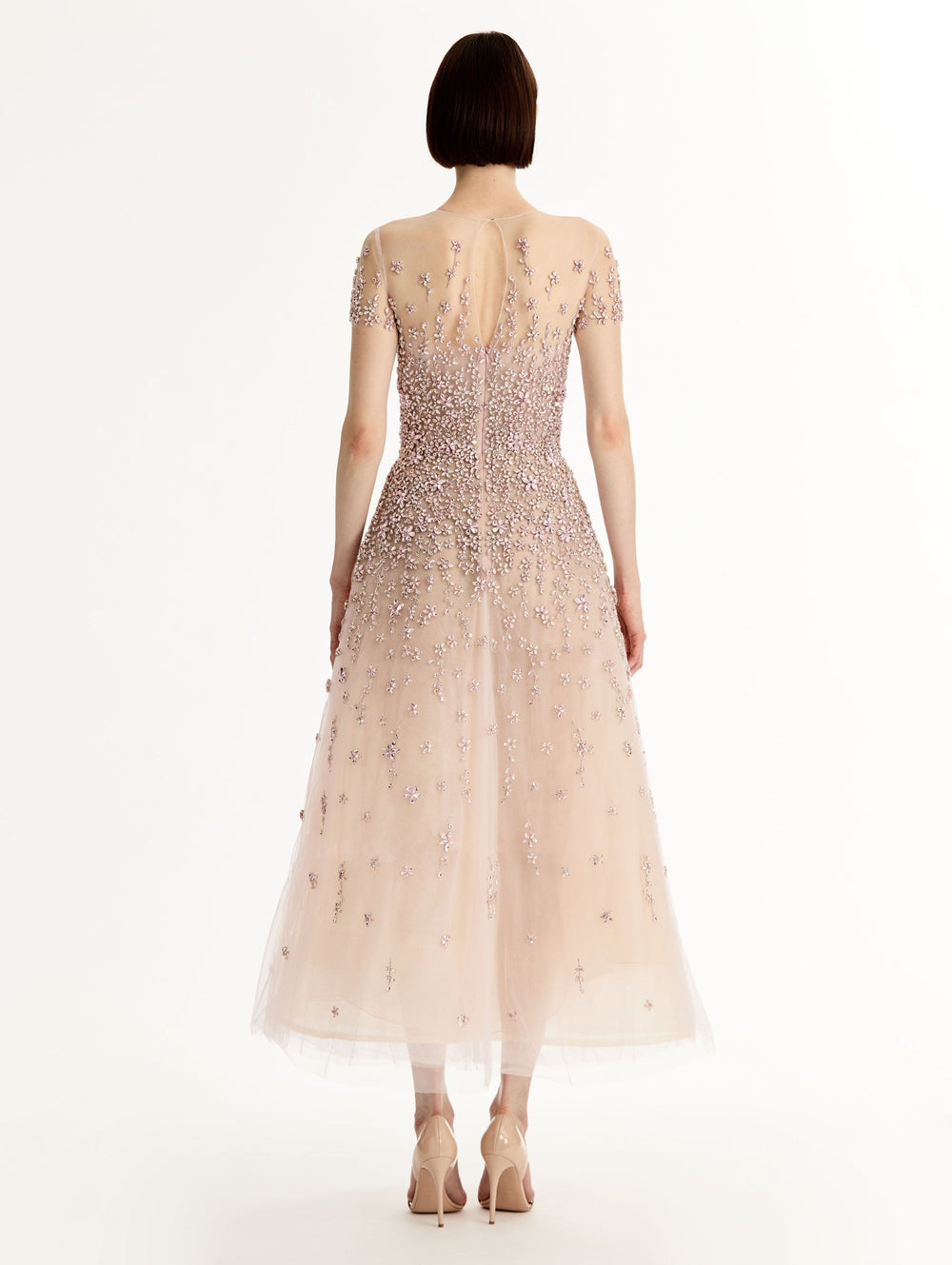 Oscar de la Renta Porcelain Flower Crystal Embroidered Dress