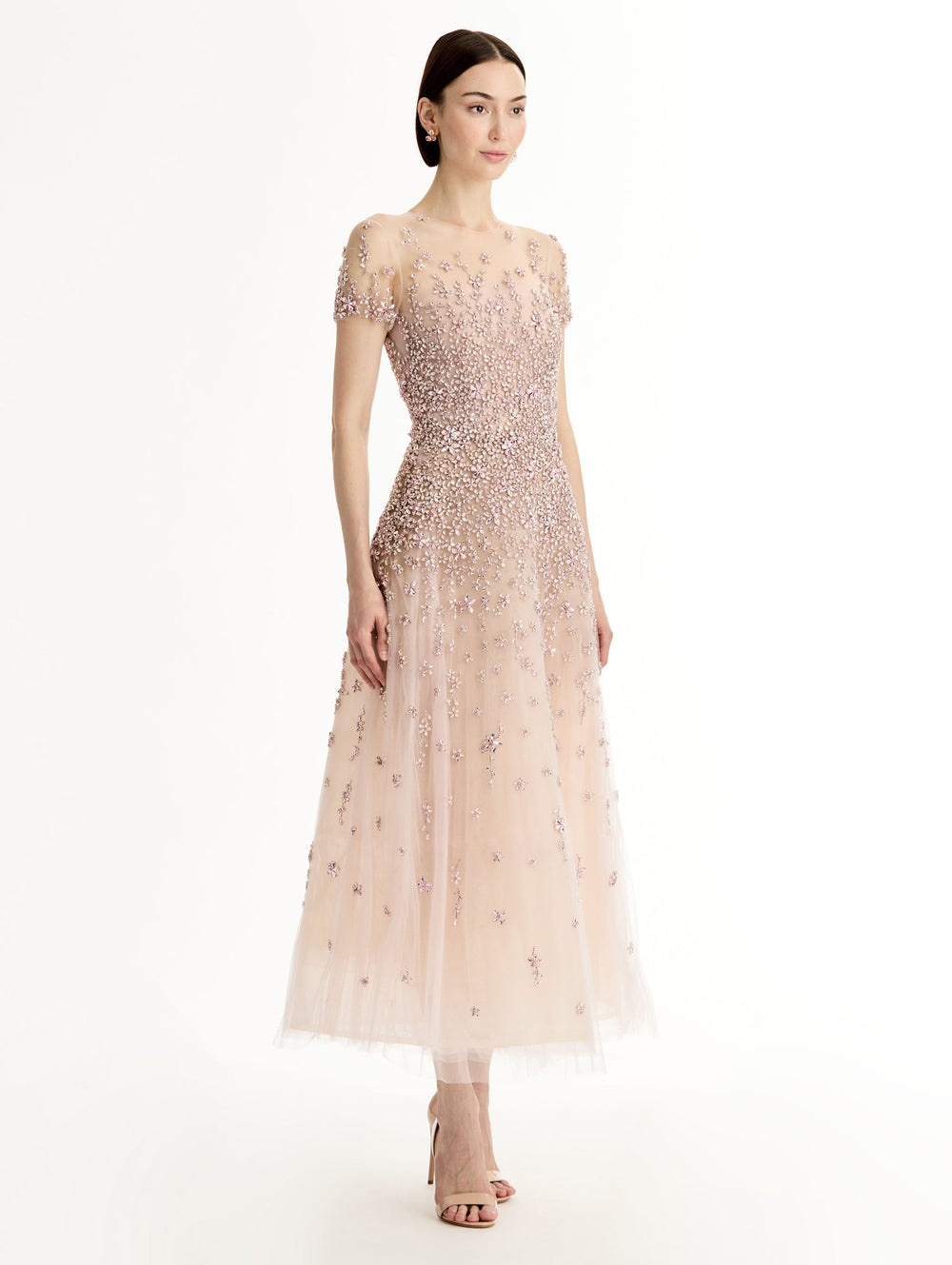 Oscar de la Renta Porcelain Flower Crystal Embroidered Dress