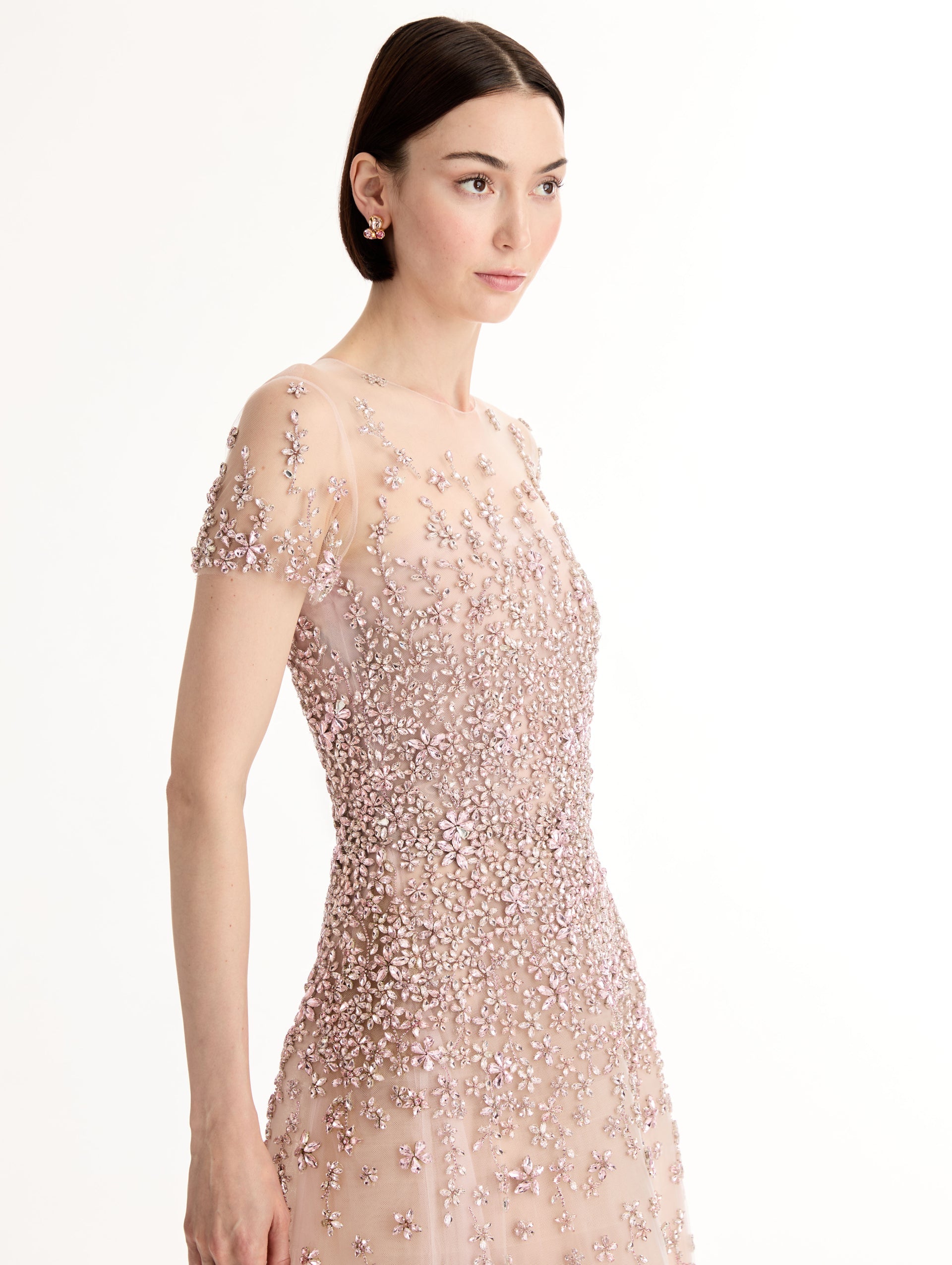 Oscar de la Renta Porcelain Flower Crystal Embroidered Dress