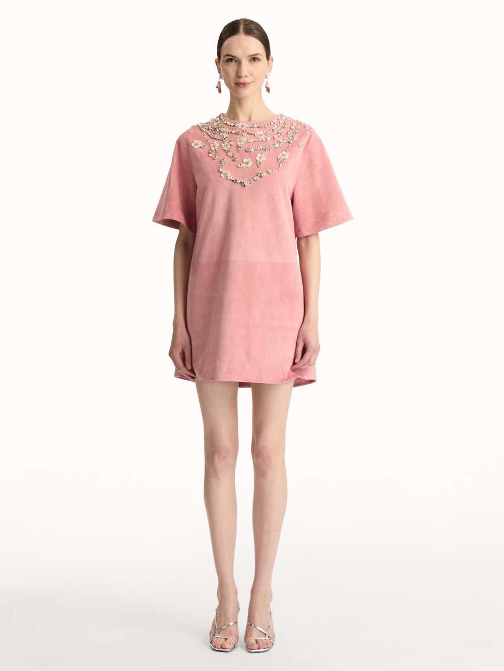 Oscar de la Renta Crystal Necklace Embroidered Suede Dress