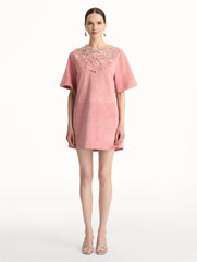 Oscar de la Renta Crystal Necklace Embroidered Suede Dress