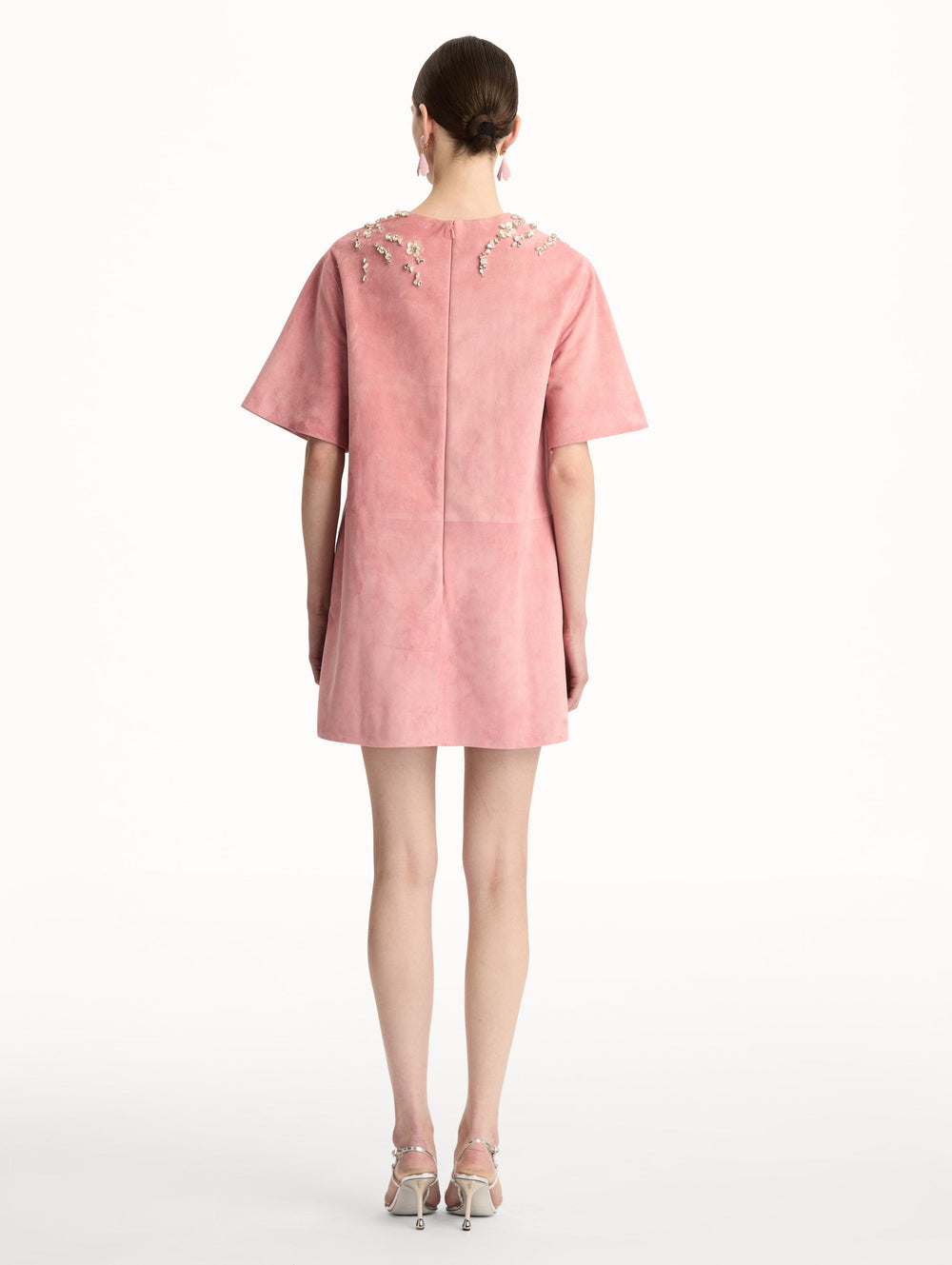Oscar de la Renta Crystal Necklace Embroidered Suede Dress