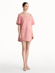 Oscar de la Renta Crystal Necklace Embroidered Suede Dress