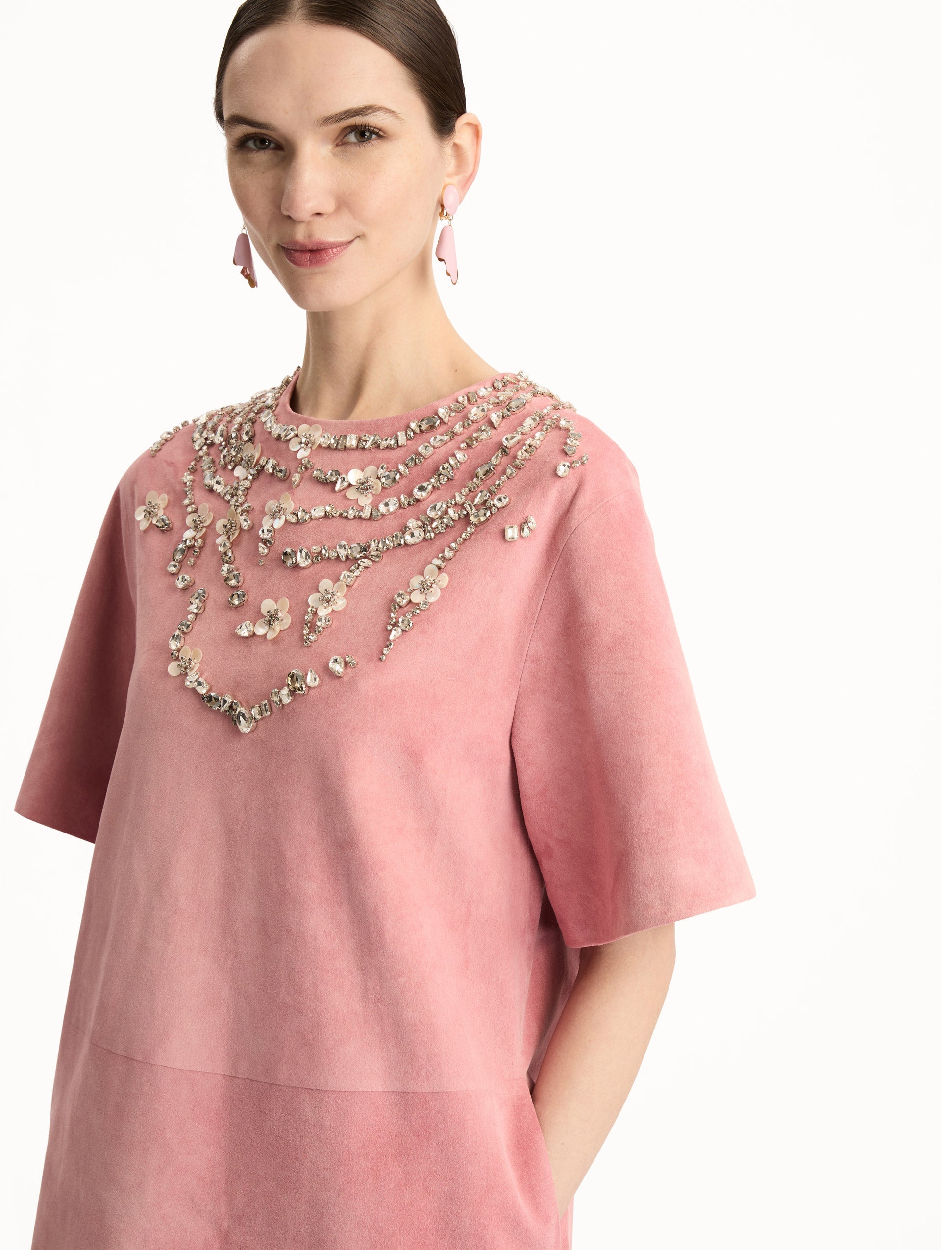 Oscar de la Renta Crystal Necklace Embroidered Suede Dress