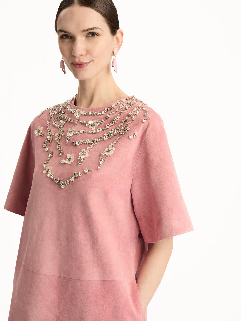 Oscar de la Renta Crystal Necklace Embroidered Suede Dress
