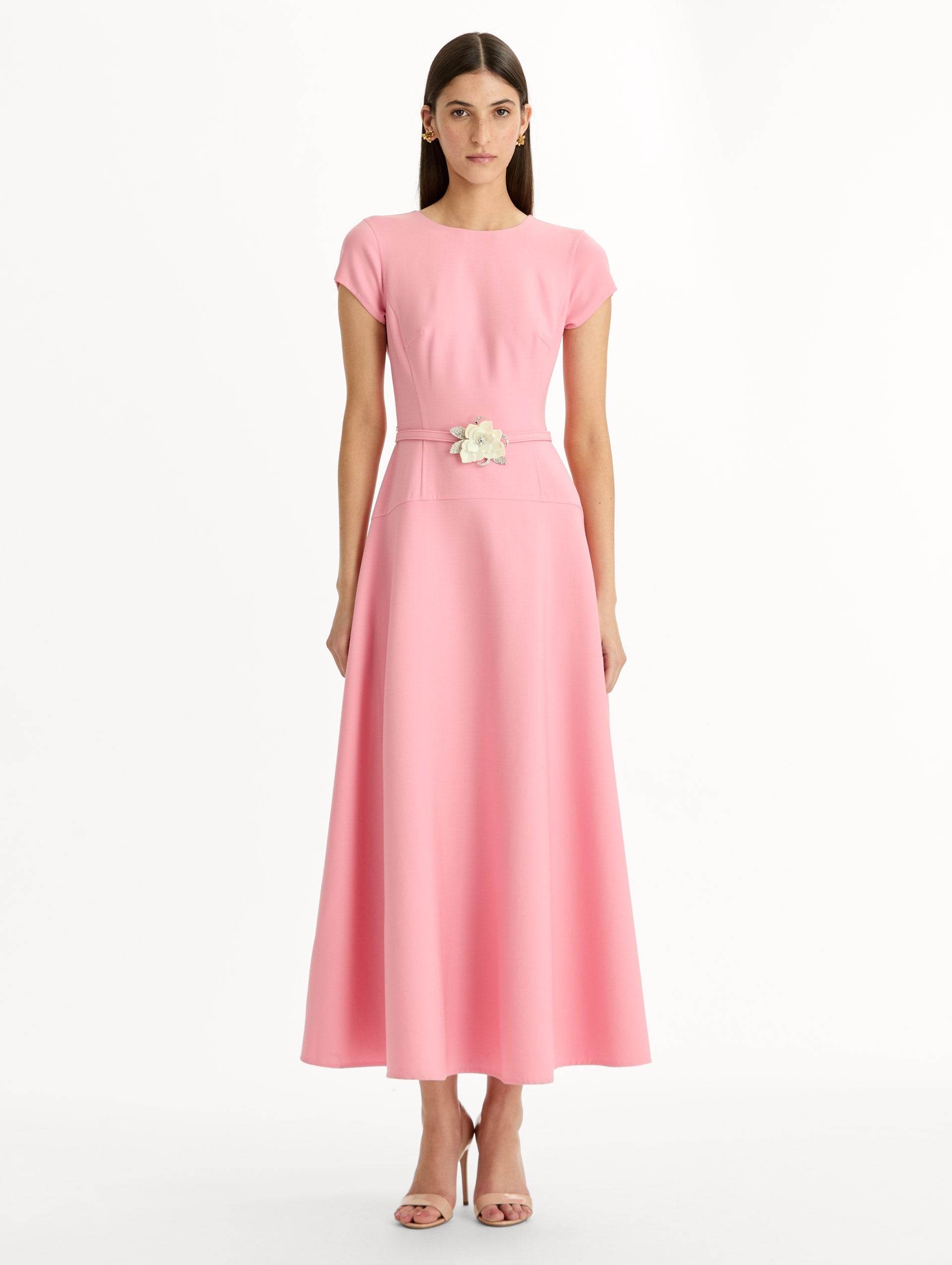 Oscar de la Renta Floral Belt Short Sleeve Dress