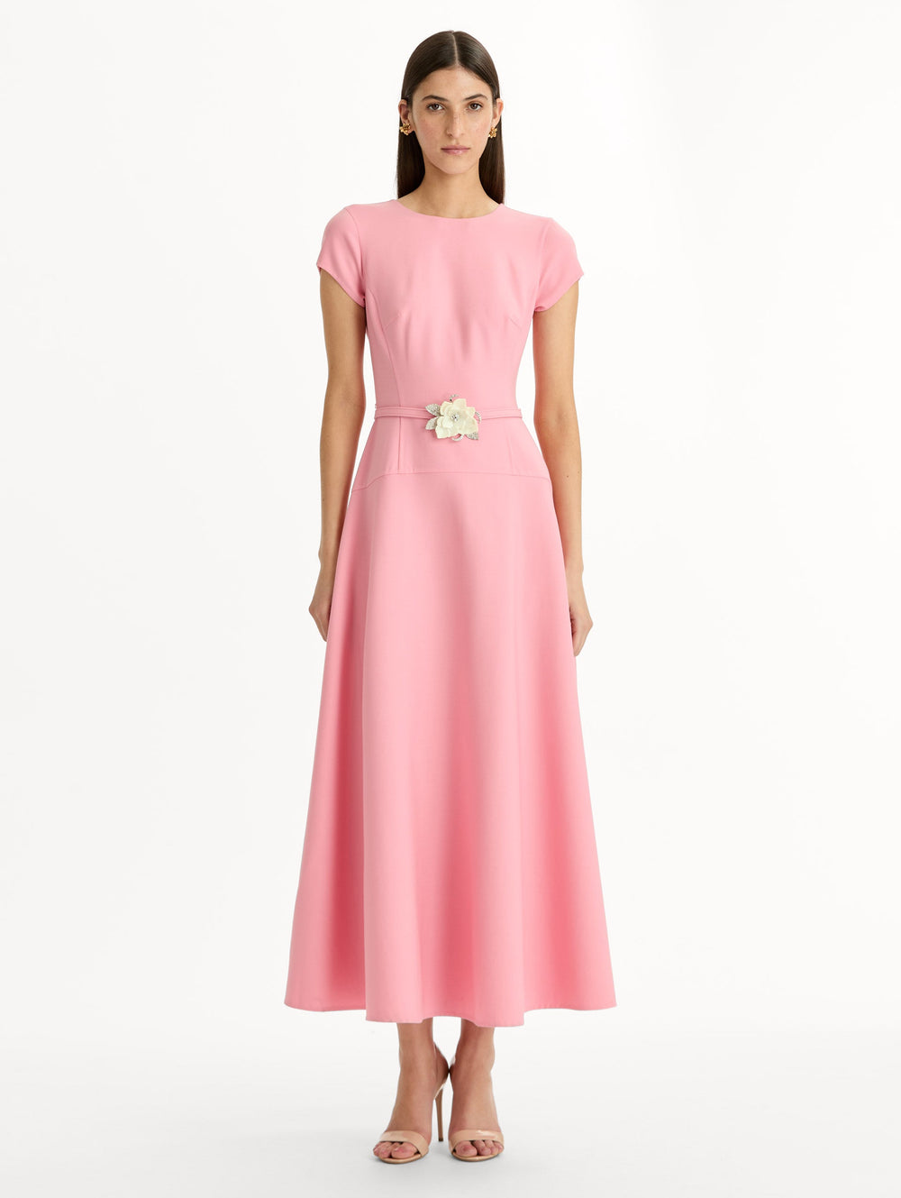 Oscar de la Renta Floral Belt Short Sleeve Dress