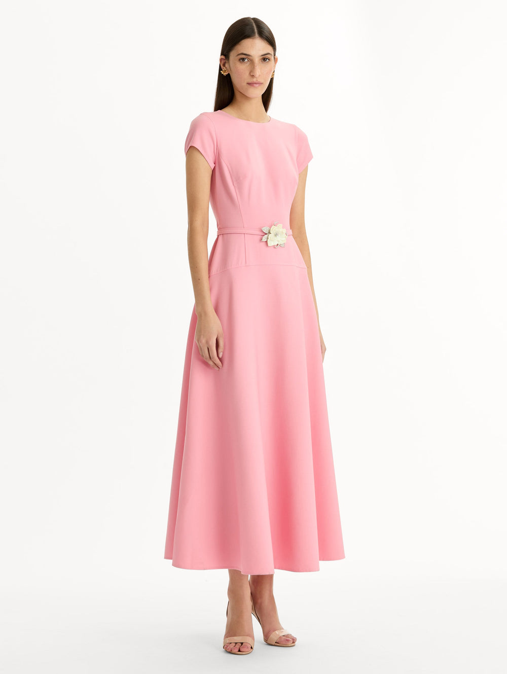 Oscar de la Renta Floral Belt Short Sleeve Dress