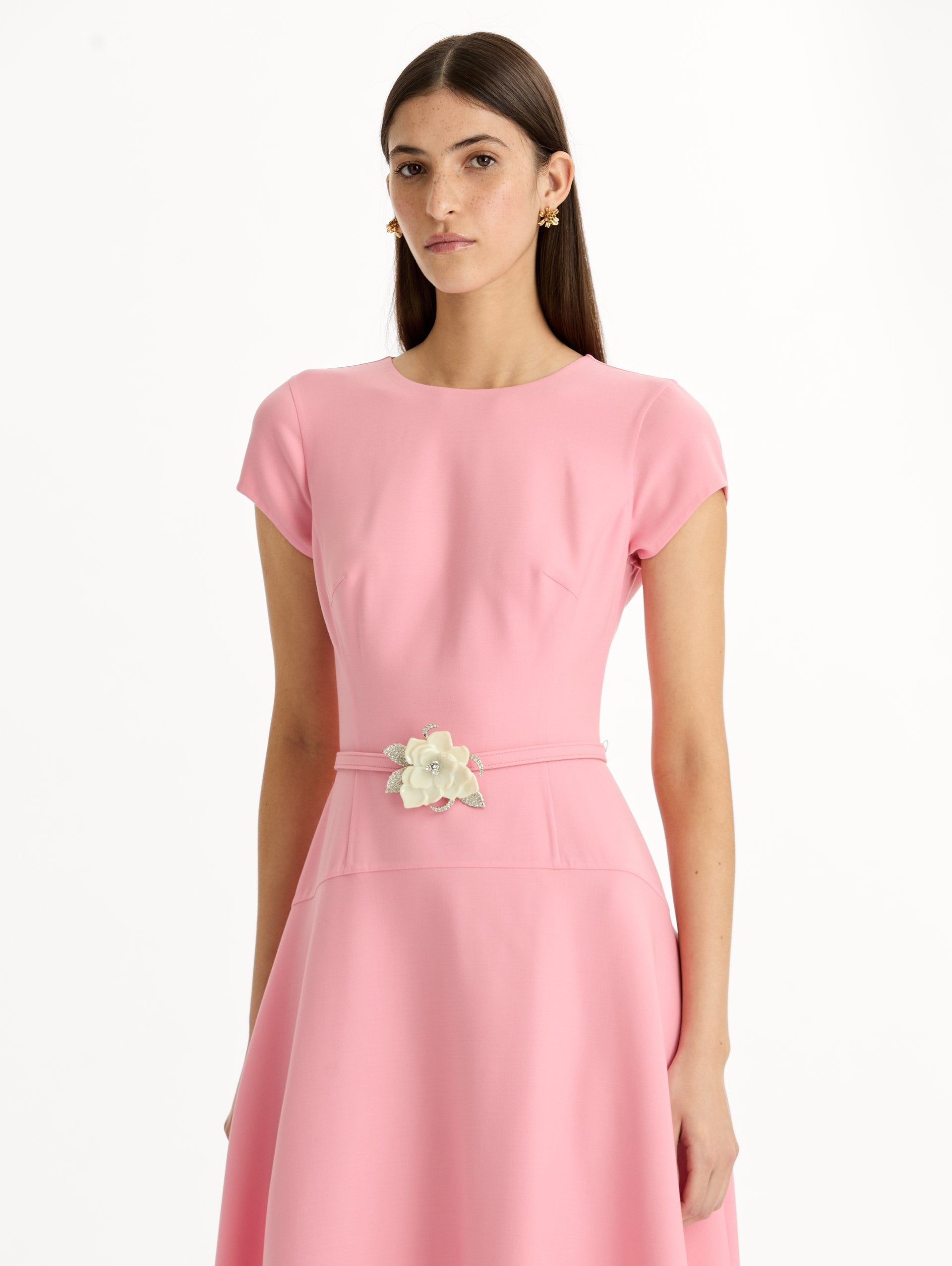 Oscar de la Renta Floral Belt Short Sleeve Dress