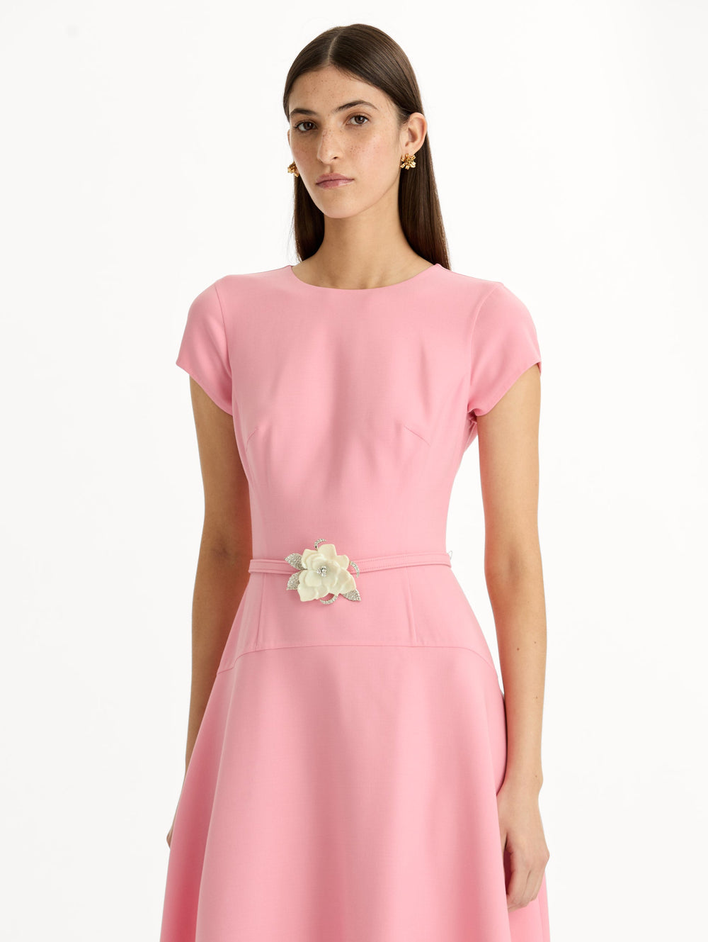 Oscar de la Renta Floral Belt Short Sleeve Dress