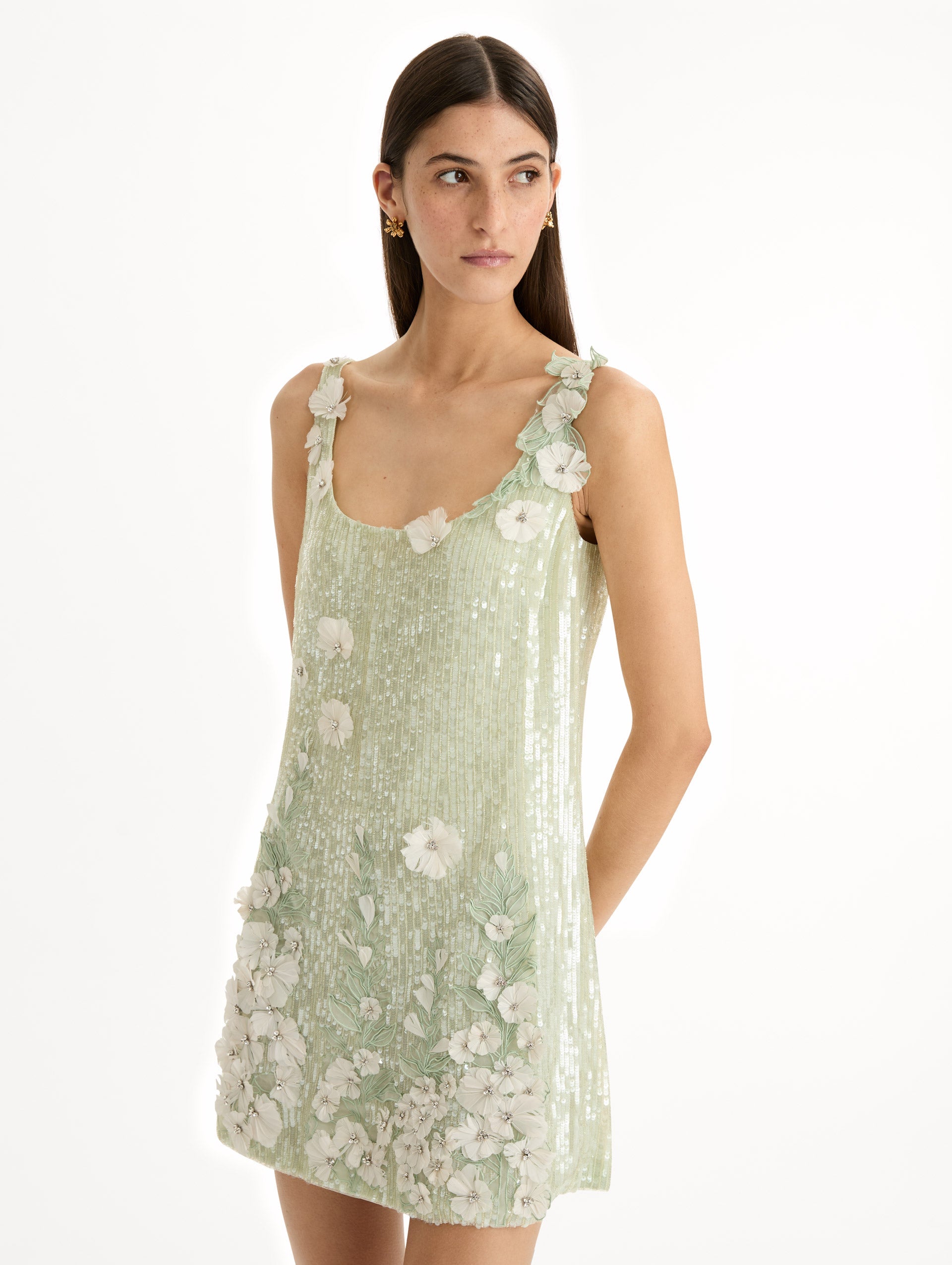 Oscar de la Renta Foxglove Embroidered Sequin Tulle Shift Dress