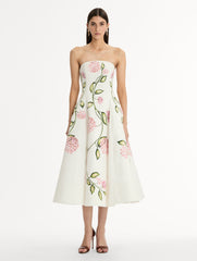 Oscar de la Renta Porcelain Flower Cotton Poplin Strapless Dress