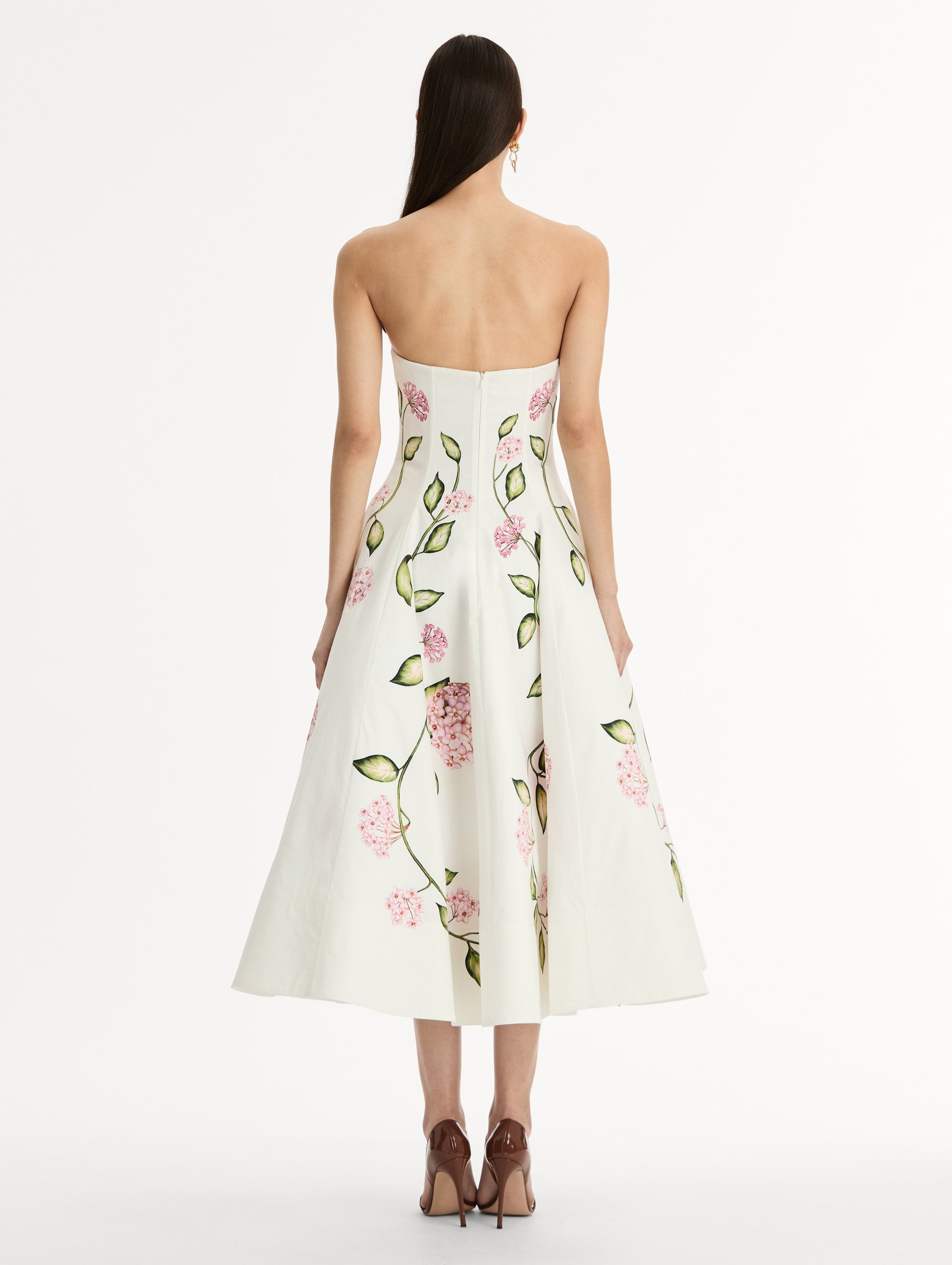 Oscar de la Renta Porcelain Flower Cotton Poplin Strapless Dress