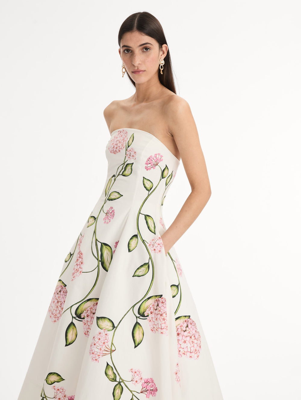 Oscar de la Renta Porcelain Flower Cotton Poplin Strapless Dress