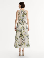 Oscar de la Renta Porcelain Flower Cotton Poplin Pleated Dress