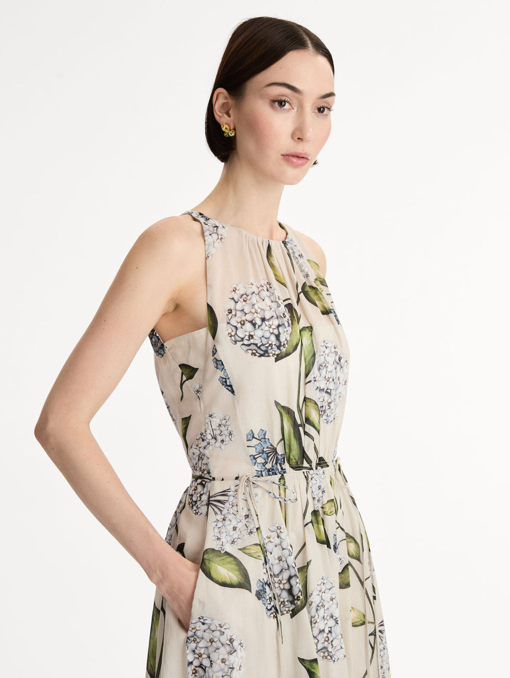Oscar de la Renta Porcelain Flower Cotton Poplin Pleated Dress