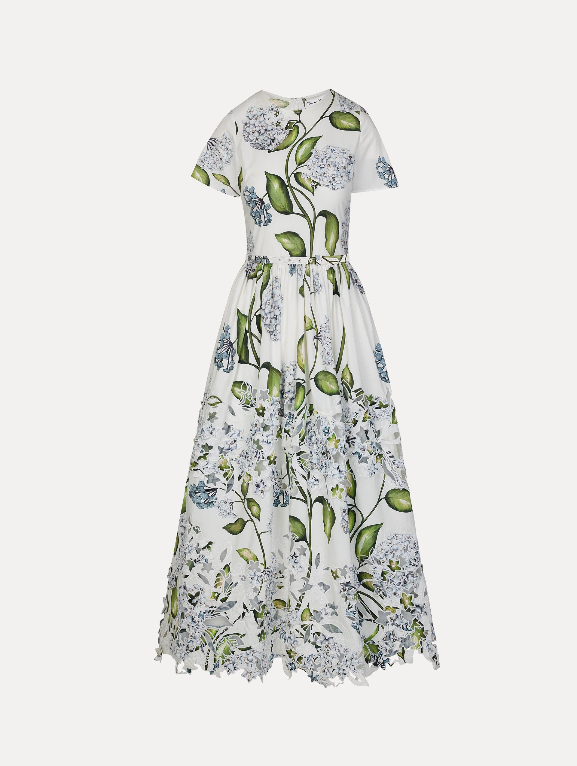 Oscar de la Renta Porcelain Flower Embroidered Cotton Poplin Dress