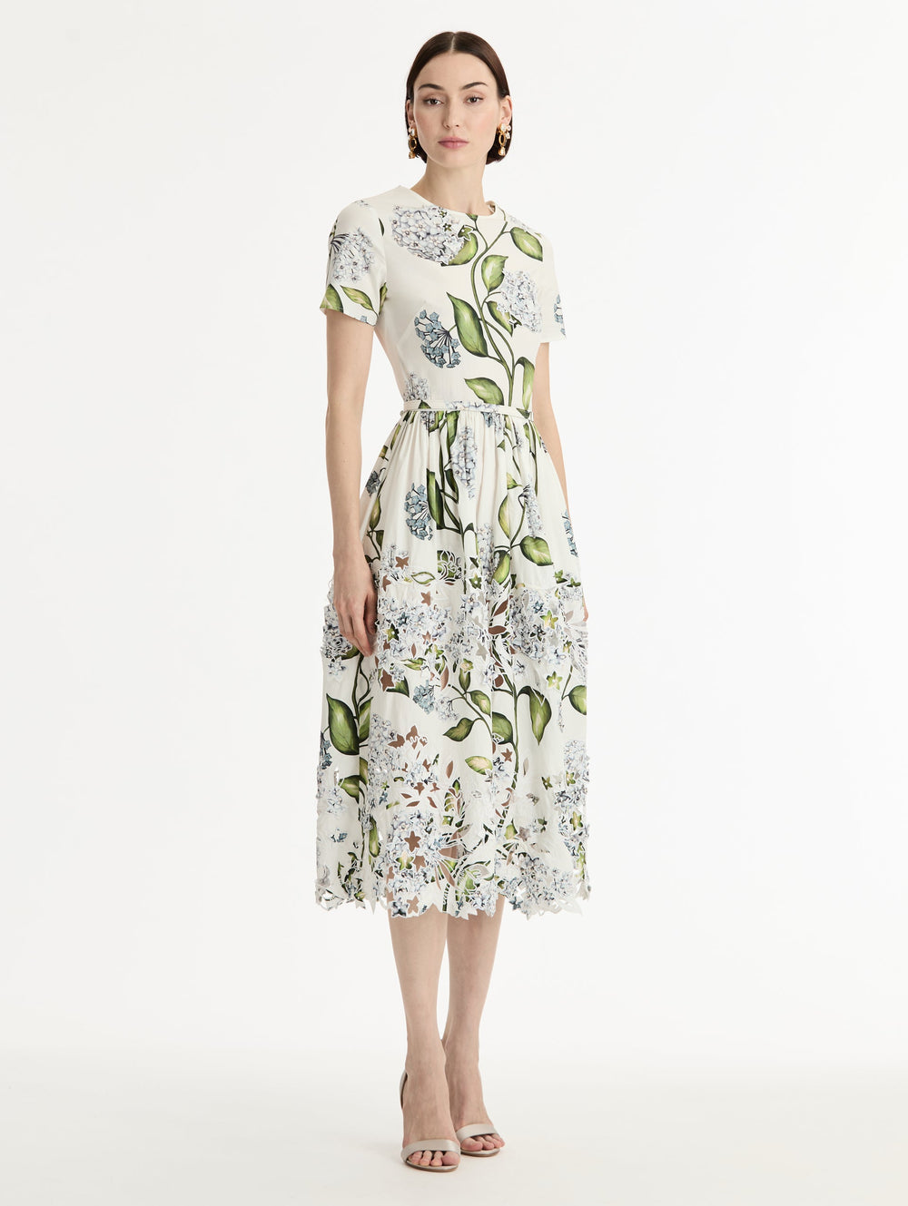 Oscar de la Renta Porcelain Flower Embroidered Cotton Poplin Dress