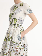 Oscar de la Renta Porcelain Flower Embroidered Cotton Poplin Dress