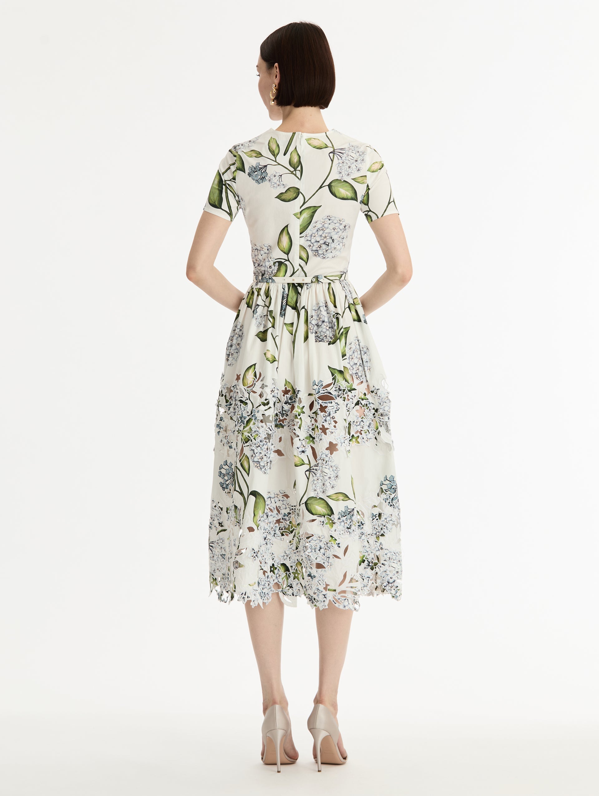 Oscar de la Renta Porcelain Flower Embroidered Cotton Poplin Dress